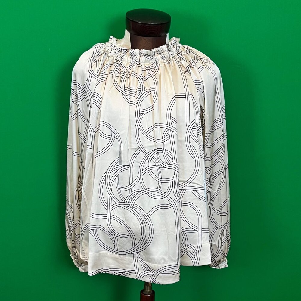 H&M Womens Shirred Neck Back Tie Gathered Top Geometric Printโ Size Large
